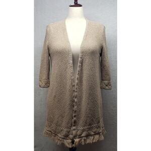 Natural Reflections Open Knit Cardigan XL Oatmeal Fringe Boho Cabincore Sweater
